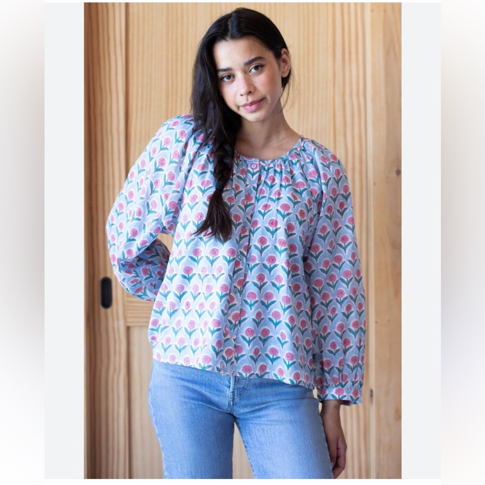 Emerson Fry India Collection Blue Pink Organic Cotton Button Down Frances Top M